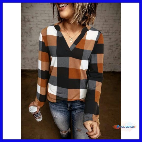 V-Neck Plaid Button-Down Blouse Long Sleeve Casual Work Top - Picture 4 of 8